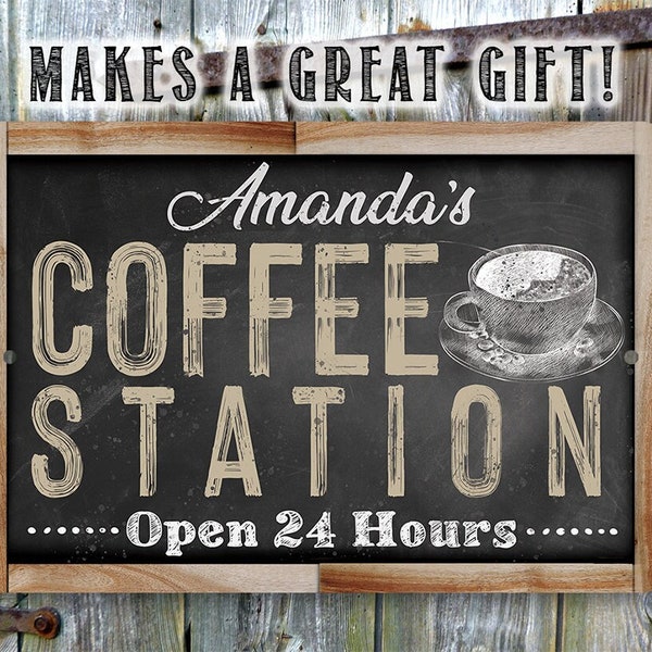 Tin - Personalized Metal Sign - Coffee Station Open 24 Hours (Chalkboard Look) - 8"x12" or 12"x18" Use Indoor/Outdoor -Coffee Shop Decor