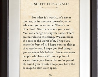 F. Scott Fitzgerald - For What It's Worth - 11x14 Unframed Typography Book Page Print - Great Inspirational Gift & Decor