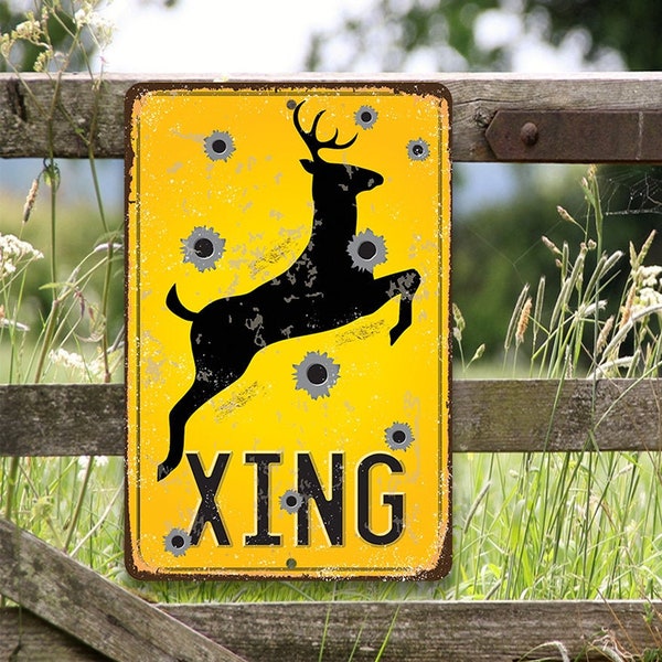 Tin - Metal Sign - Deer Xing - 8" x 12" / 12" x 18" Indoor/Outdoor -Great Hunting and Cabin Decor and Gift