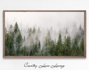Samsung Frame TV Trees in the Fog - Winter Farmhouse Christmas Image Instant 4k Wallpaper - Vibrant Green Tones Downloadable #647