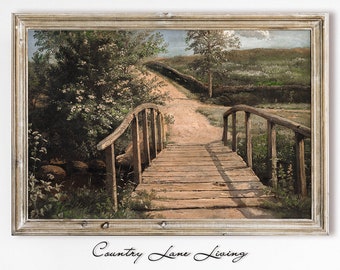 Country Path Bridge Farmhouse Painting Download - Warm Toned Vintage Rustic Art - Print at Home Poster - Printable Instant Downloadable #119