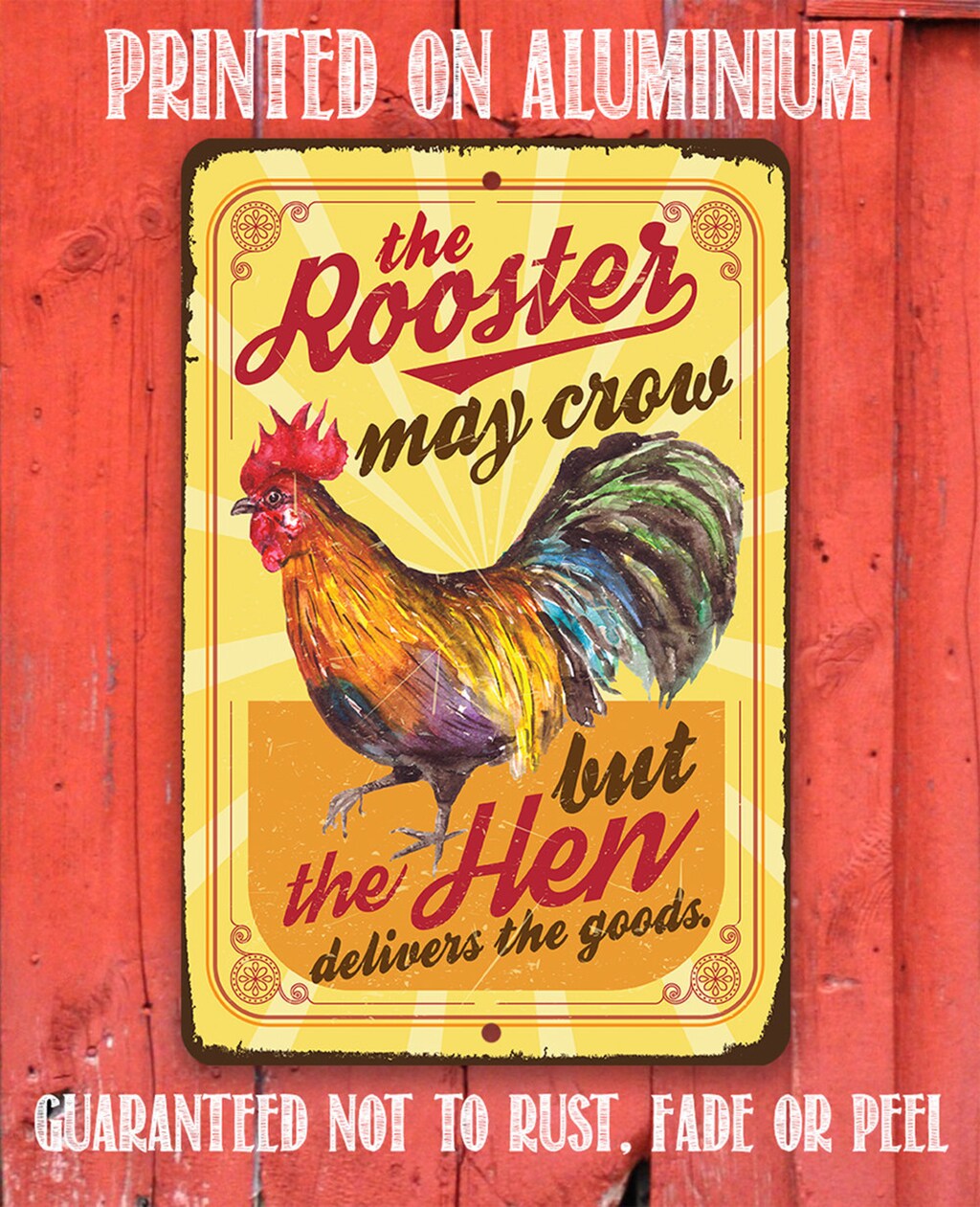 Targa In Metallo Vintage 20x30cm 'The Rooster May Crow But The Hen Delivers The Goods' Decorazione Da Parete Umoristica