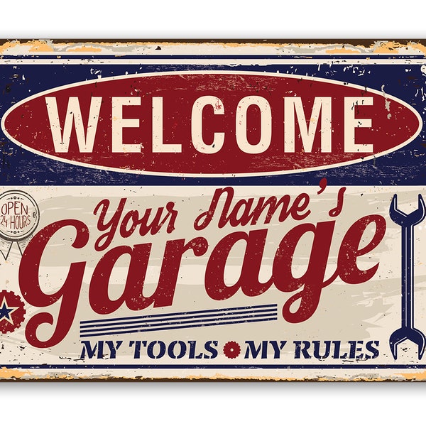 Tin - Personalized Garage Sign - 8" x 12" or 12" x 18" Metal Sign Use Indoor/Outdoor - Great Auto Shop Decor