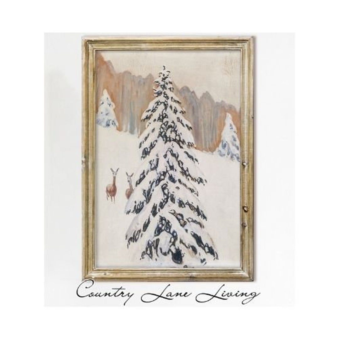 Pine Tree With Snow Landscape Oil Painting Download-cool Toned Vintage ...