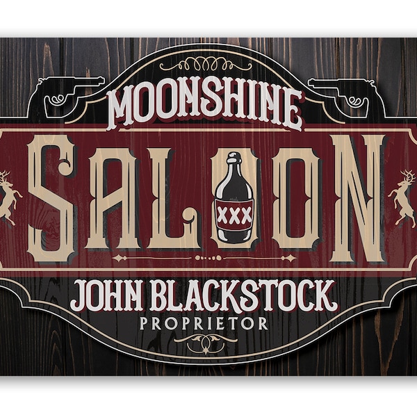 Tin - Personalized Moonshine Saloon Metal Sign - 8" x 12" or 12" x 18" Use Indoor/Outdoor - Bar, Pub, and Mancave Decor