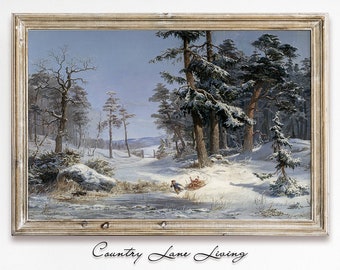 Sledding in a Winter Landscape Scene Oil Painting Download - Vintage Cabin Rustic Art - Print at Home - Printable Instant Downloadable #576