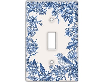 Decorative Wall Switch Cover Plate - Blue Floral Etching Decor Switch Plate- Farmhouse With Lots of Blues and Off-whites (Variation 11 - 13)