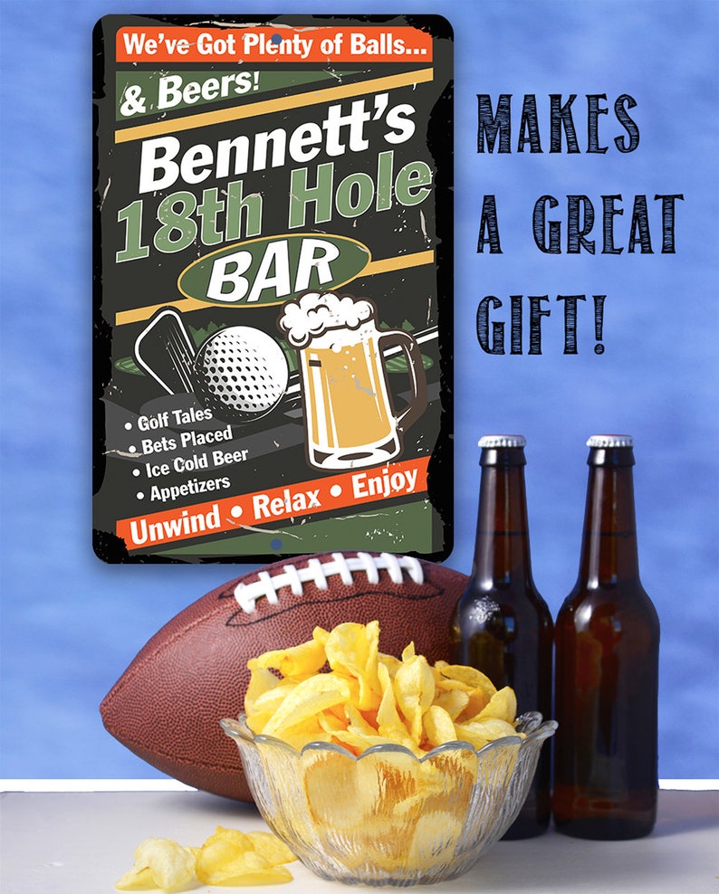 Tin Golf Course Bar 8 x 12 or 12 x 18 Use IndoorOutdoor Personalized 18th Hole Golf Bar Metal Sign