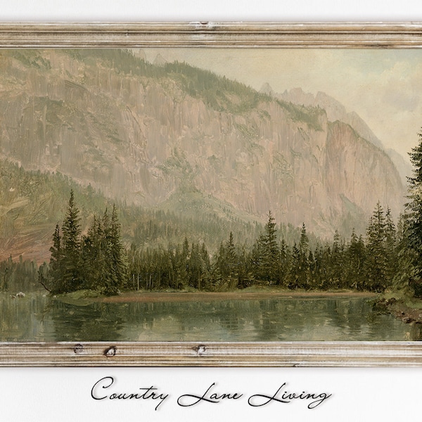 Mountains, Pines, and Lake Oil Painting Download - Green Toned Vintage Rustic Art - Print at Home Poster -Printable Instant Downloadable#237