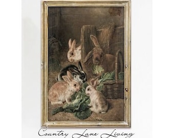 Naughty Bunnies Painting Country Scene Download -Green Toned Country Rustic Art - Print at Home Poster - Printable Instant Downloadable #709