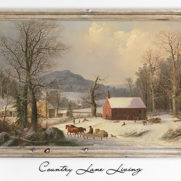 Red School House Winter Landscape Oil Painting Download - Vintage Rustic Art - Print at Home Poster - Printable Instant Downloadable #349