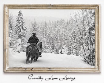 Lone Cowboy Riding His Horse in the Snow Winter Landscape Image Download-Vintage Decor Art-Print at Home-Printable Instant Downloadable #440