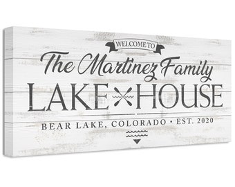 Personalized Last Name - Lake House - Large Farmhouse Canvas (Not Printed on Wood) - Stretched on Wood Frame - Great Gift & Lake House Decor