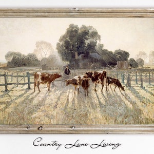 Morning Frost Cows Landscape Painting Download - Muted Toned Vintage Rustic Art - Print at Home Poster - Printable Instant Downloadable #173