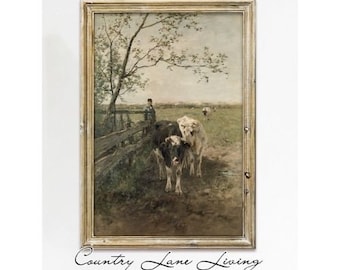 Farmer Bringing in Cows to be Milked Painting Download - Vintage Rustic Art - Print at Home Poster - Printable Instant Downloadable #491