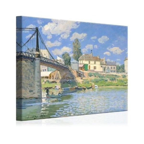 The Bridge at Villeneuve-la-Garenne by Alfred Sisley-French Impressionist Landscape Stretched Canvas Print-Blues, Greens, Whites, and Beiges