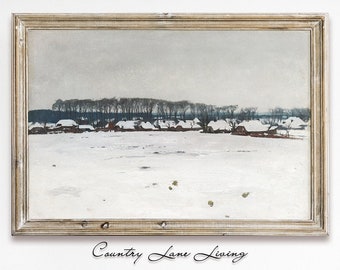 Winter Landscape Impressionist Oil Painting Download-White Toned Vintage Rustic Art-Print at Home Poster-Printable Instant Downloadable #347