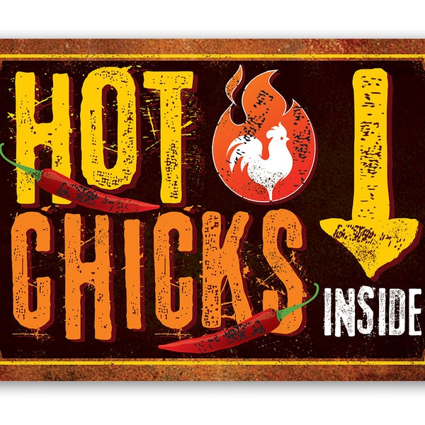 Tin - Metal Sign - Hot Chicks - 8"x12"/12"x18" Use Indoor/Outdoor - Cute and Funny Chicken Farm