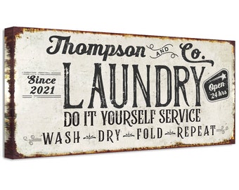 Personalized - Farmhouse Laundry Room Sign - Canvas (Not Printed on Metal) Stretched on Wood - Vintage Farmhouse Laundry Room Decor