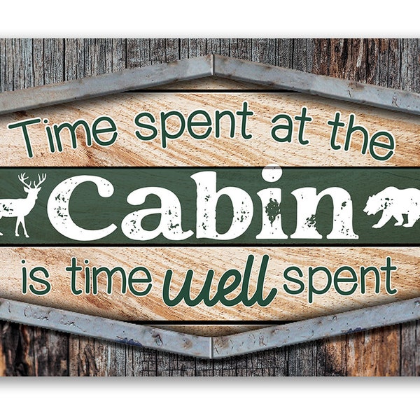 Tin - Time Spent At The Cabin Is Time Well Spent -Metal Sign-8" x 12" or 12" x 18" Indoor/Outdoor-Cabin Decor and Gift For Outdoorsy Friends