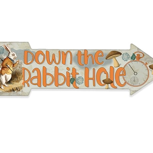Tin - Down The Rabbit Hole - Directional Arrow Sign - Durable Metal Sign - Use Indoor/Outdoor -Baby Shower Gift For Alice in Wonderland Fans