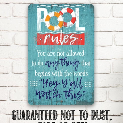 Tin - Pool Rules - Durable Metal Sign - 8" x 12" or 12" x 18" Use Indoor/Outdoor - Great Pool Side Decor