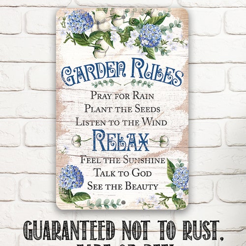Garden Rules - Durable Metal Sign - Tin - 8"x12" or 12"x18" Indoor/Outdoor Use -Perfect Garden Decor