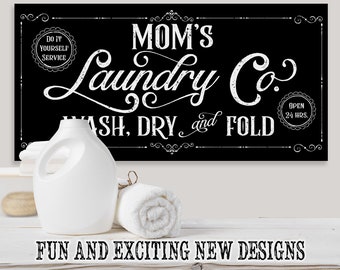 Mom's Laundry Co - Large Black and White Canvas Wall Art - Stretched on a Heavy Wood Frame - Laundry Room Decor - Great Housewarming Gift