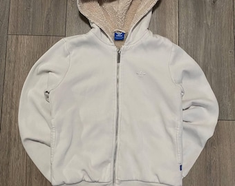 Felpa con cappuccio e zip Adidas Firebird Sherpa Lined, foderata in pile, color crema beige