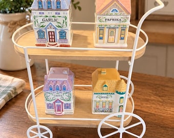 Lenox Spice Village Jars Set of 4 – Garlic, Paprika, Chive & Onion – Original Boxes + Display Cart