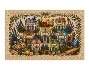 Von Gewürzdorf inspirierter Küchenteppich Cottagecore Bodenmatte Vintage Stil Dekor Leicht rutschfest 90x145 cm