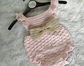Crochet Baby Romper Pattern | Ruffled Shell Stitch Onesie, Bow Detail (PDF Download)