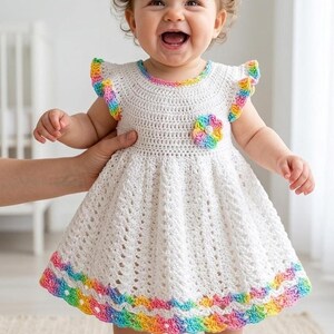 A smiling toddler stands while wearing a white crocheted dress with rainbow trim on the sleeves, collar, and bottom hem.
