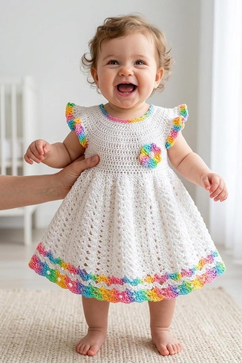 A smiling toddler stands while wearing a white crocheted dress with rainbow trim on the sleeves, collar, and bottom hem.