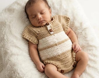 Crochet Baby Romper Pattern PDF | Unisex Cream Tan Striped Onesie | Neutral Beginner Baby Romper | Easy Infant Outfit Pattern 0-6M