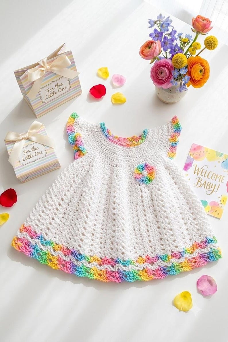 A white crochet dress with colorful trim is presented in a flat lay alongside gift boxes, flower petals, a card, and colorful blooms.