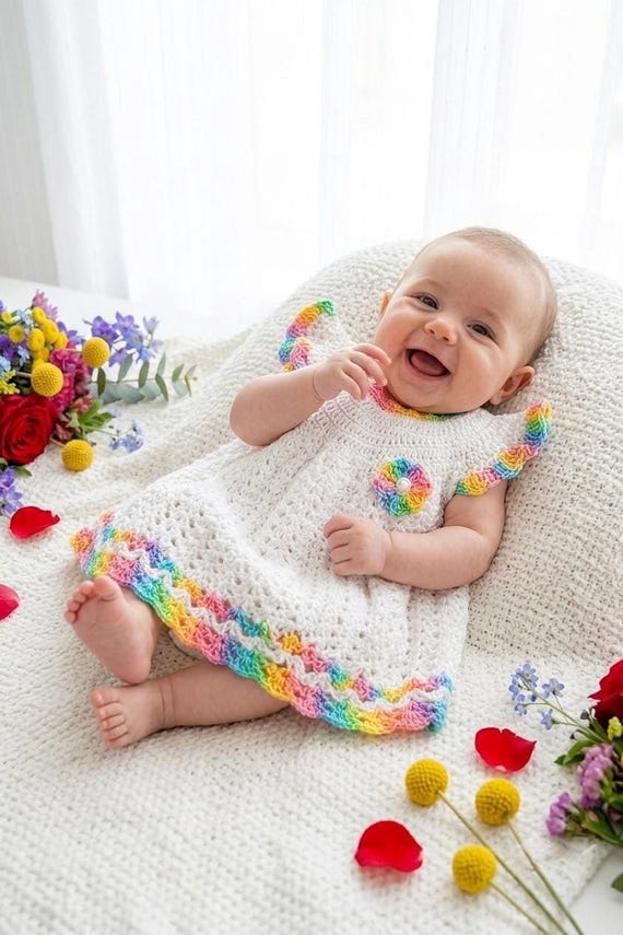 Crochet Baby Dress Pattern PDF | Infant Frock Tutorial | White Dress Rainbow Trim Border | Easy Newborn Baby Clothes Pattern 0-12M