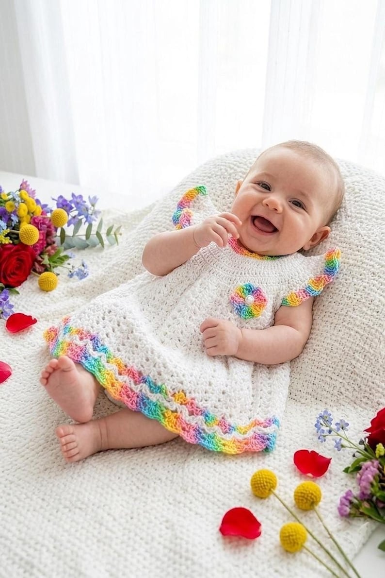 A happy baby lying on a white blanket wears a white crocheted dress with rainbow trim and a flower applique.