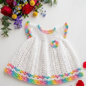A handmade white crochet baby dress with rainbow trim and a floral embellishment is displayed on a white surface near flowers.