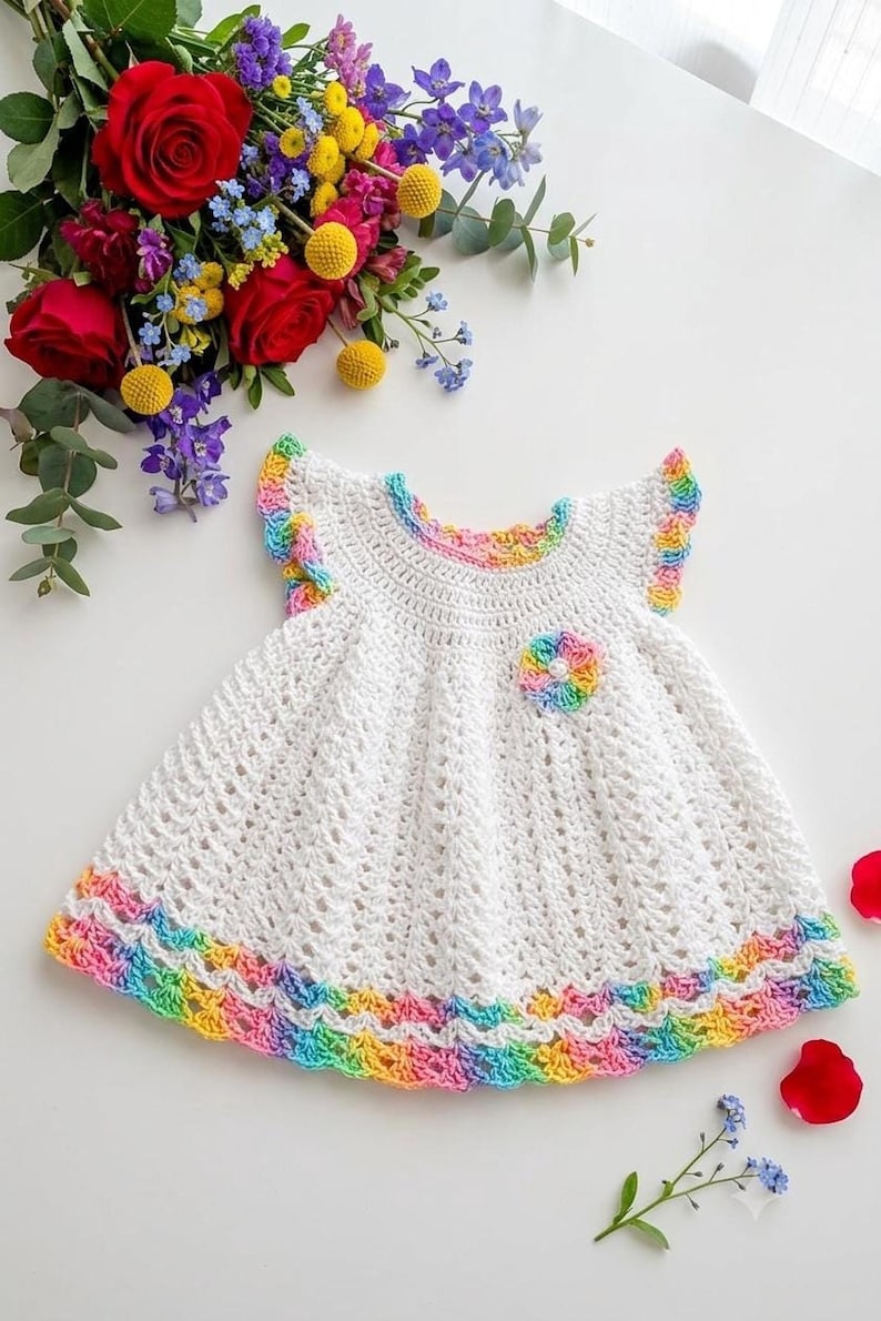 A handmade white crochet baby dress with rainbow trim and a floral embellishment is displayed on a white surface near flowers.