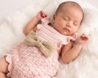 Crochet Baby Romper Pattern PDF | Pink Shell Stitch Ruffle Bloomer | Newborn Unisex Onesie Pattern | Beginner Crochet Baby Outfit 0-6M