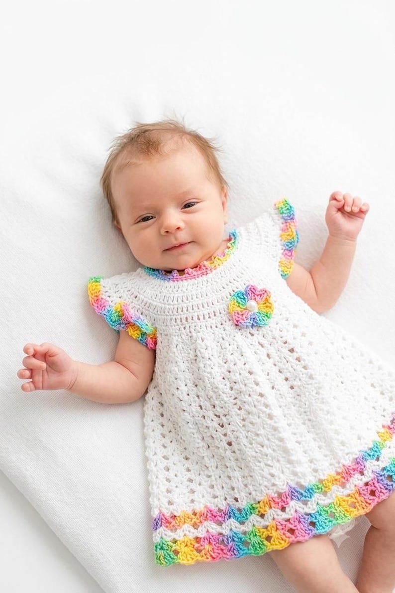A baby lying on a white surface wearing a handmade white dress with colorful crochet accents.