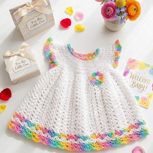 A flat lay features a white crochet baby dress surrounded by gift boxes, rose petals, a greeting card, and a vase of flowers.