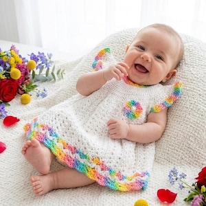 Crochet Baby Dress Pattern PDF White Rainbow Trim Dress Scalloped Edge Flower Applique Baby Girl 0-6| 6-12 Months