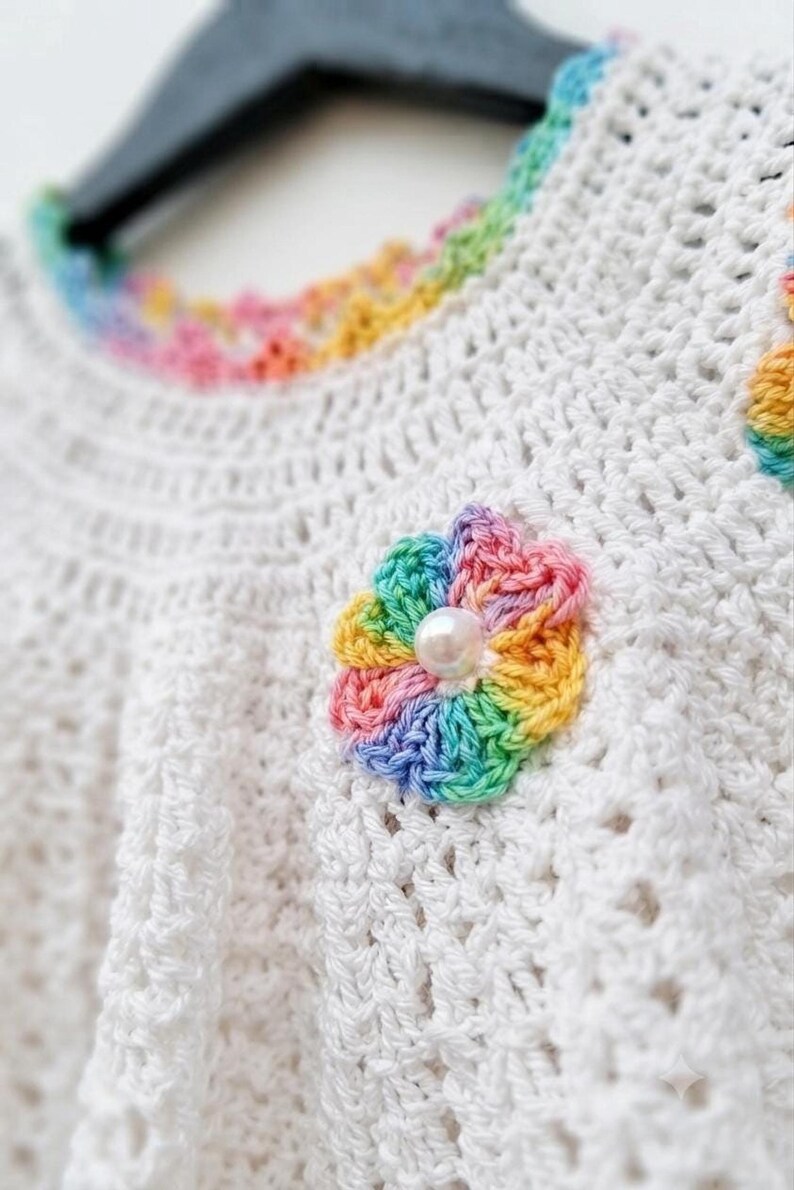 Detailed close-up shows the texture of the white crocheted bodice and a small rainbow flower applique with a pearl center.
