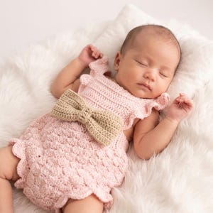 Crochet Baby Romper Pattern PDF Pink Shell Stitch Onesie with Khaki Bow Ruffle Bloomer Baby Girl Sunsuit Newborn Photo Prop