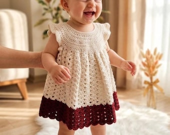 Crochet Baby Dress Pattern PDF | Infant Frock Tutorial | White Maroon Colorblock Dress with Booties | Easy Baby Clothes Pattern 0-12M