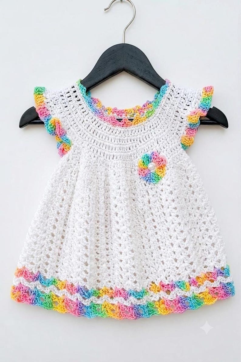 A white crocheted baby dress with rainbow edges hangs from a black hanger against a plain white wall.