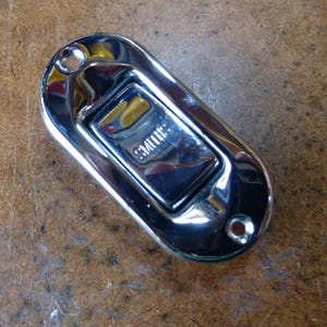 May include: Chrome-plated switch plate with a rectangular opening and the word "GM" embossed on the surface.