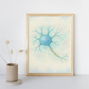 May include: Watercolor print of a neuron in a wooden frame. The neuron is depicted in shades of blue and yellow against a soft, pastel background. The artwork is displayed on a white surface, with a decorative vase and dried flowers in the foreground.
